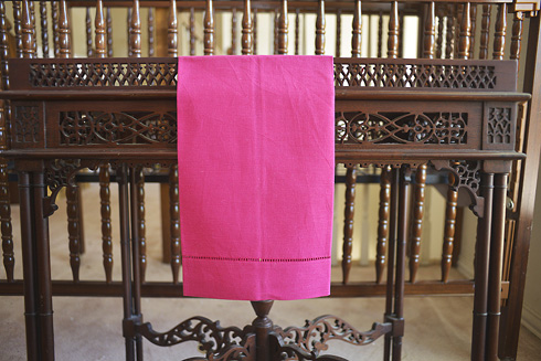 Pink Peacock Hemstitch Guest Towel. 14"x22". Ramie & Cotton